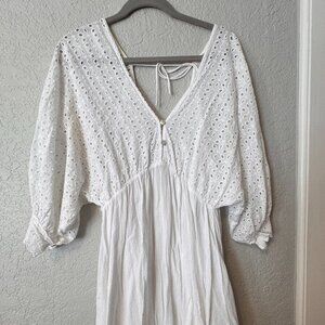 Mustard Seed Sz L White Eyelet Dress Cotton Pockets Lined Mini